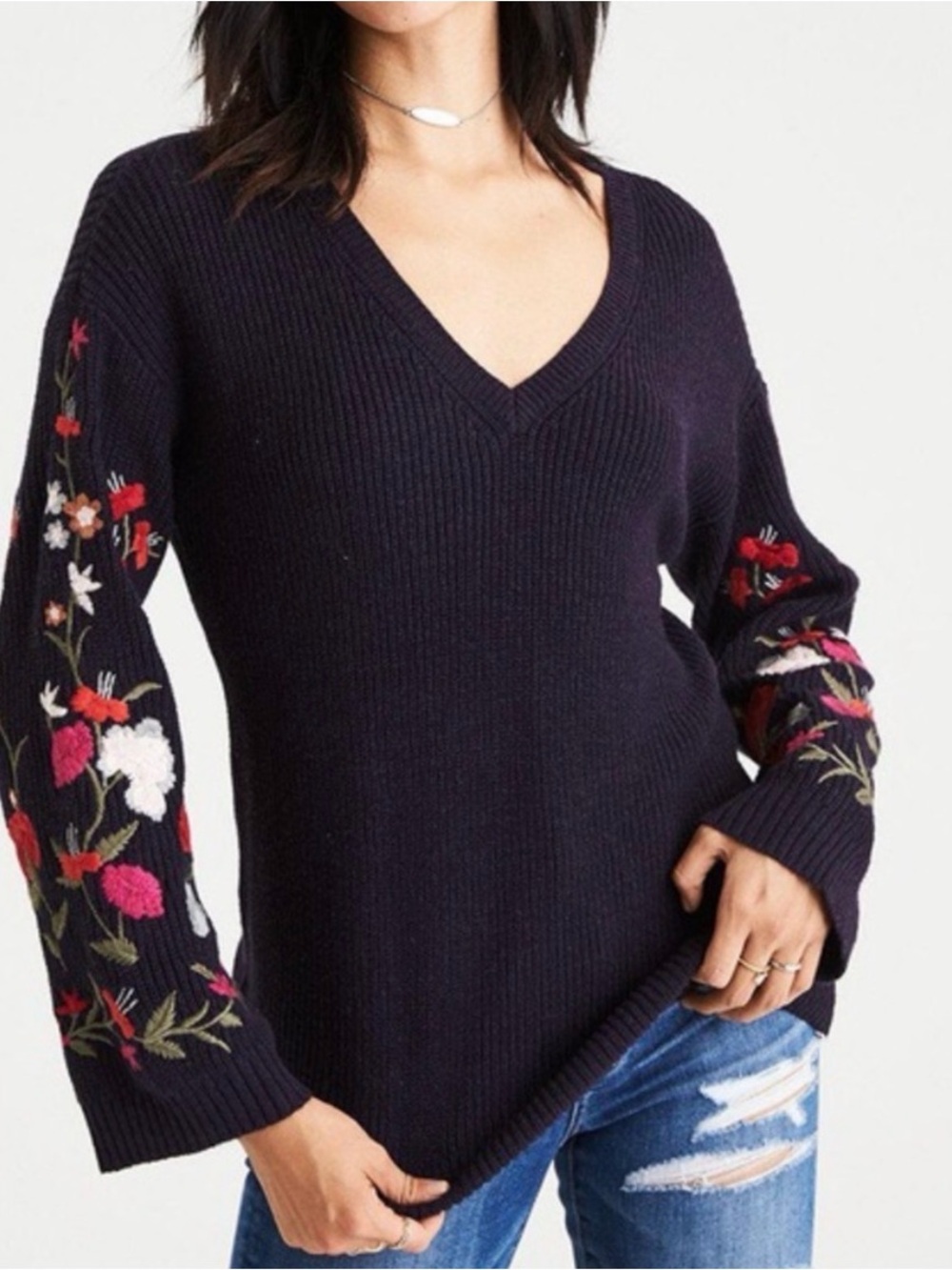 American Eagle Floral Sleeve Knit Sweater
